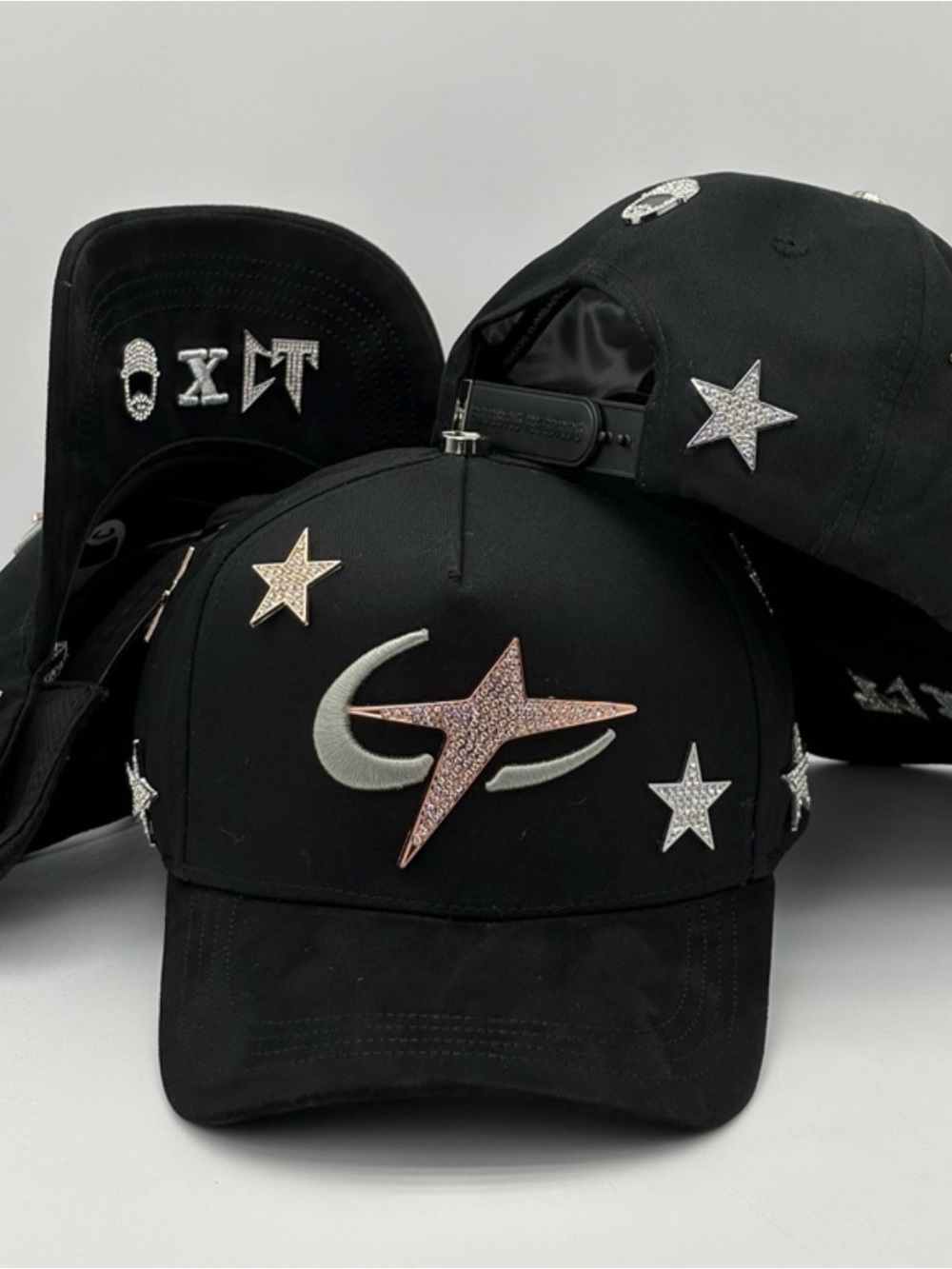 Black Crystal Star & Crescent Embellished Baseball Cap